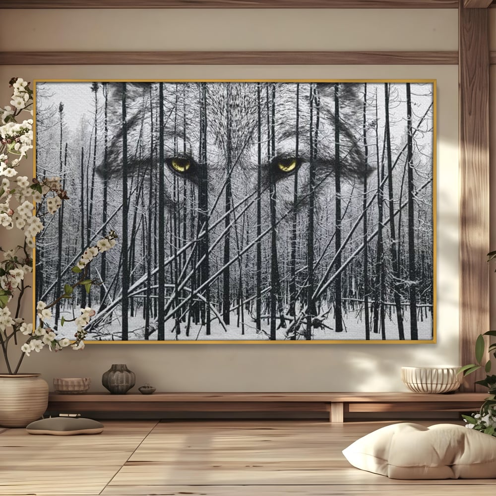 Tablou canvas cu tablou canvas cu ochi de lup si padure iarna, in rama de aluminiu auriu
